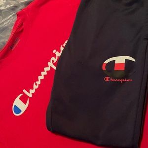 Two set champian red long-sleeve shirt and dark blue joggers